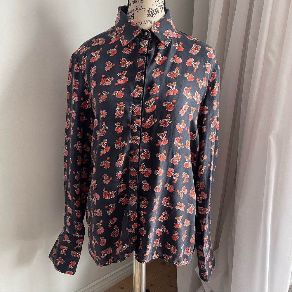 Victoria Beckham Cherry Print Button Down Silk Shirt